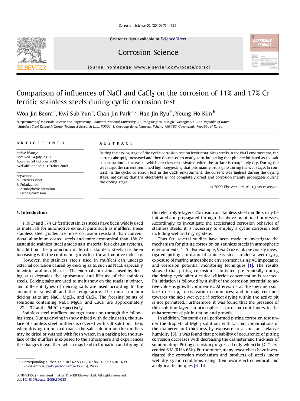 Comparison of influences of NaCl and CaCl2 on the corrosion of 11% and 17% Cr ferritic stainless steels during cyclic corrosion test