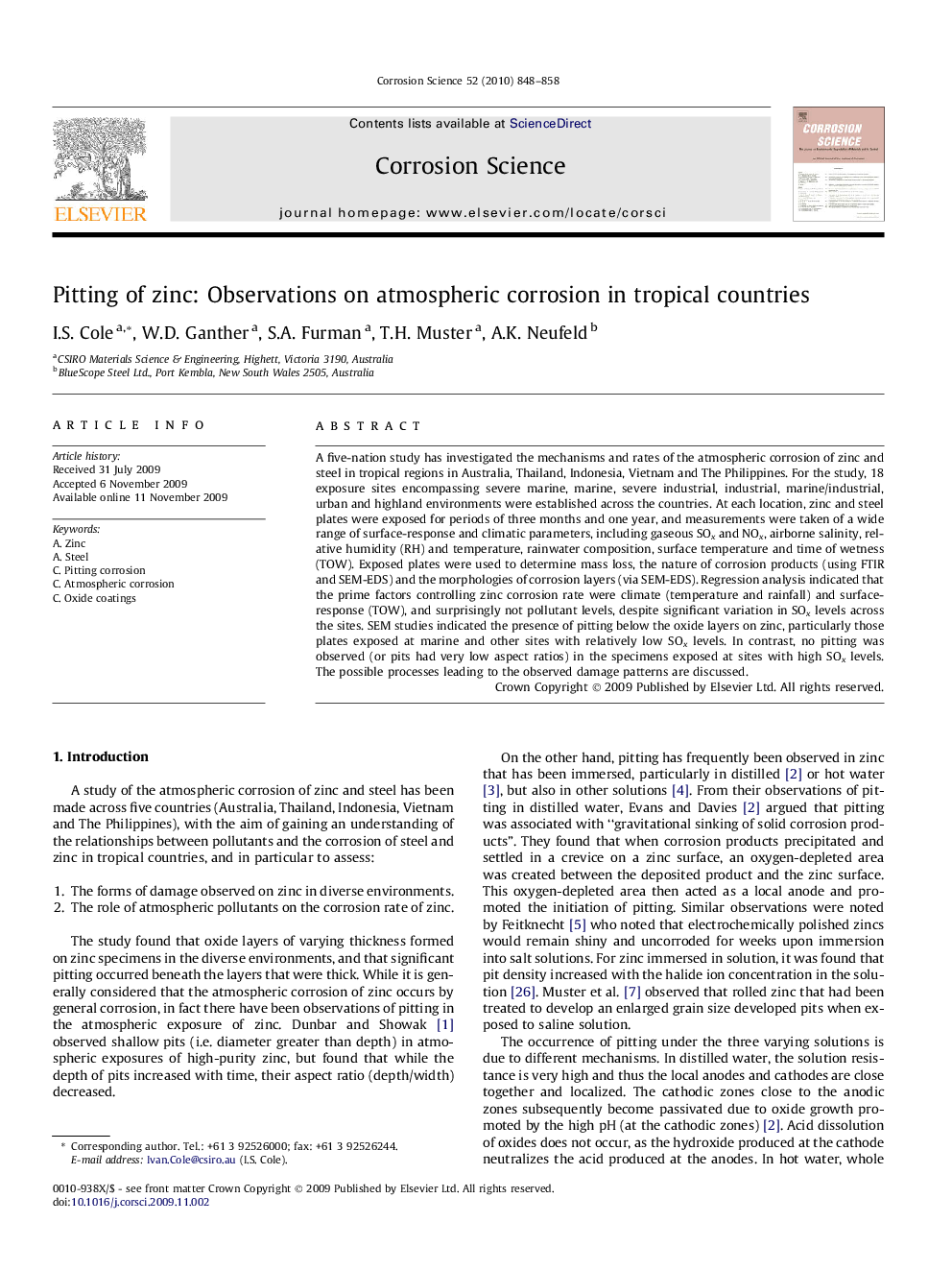 Pitting of zinc: Observations on atmospheric corrosion in tropical countries