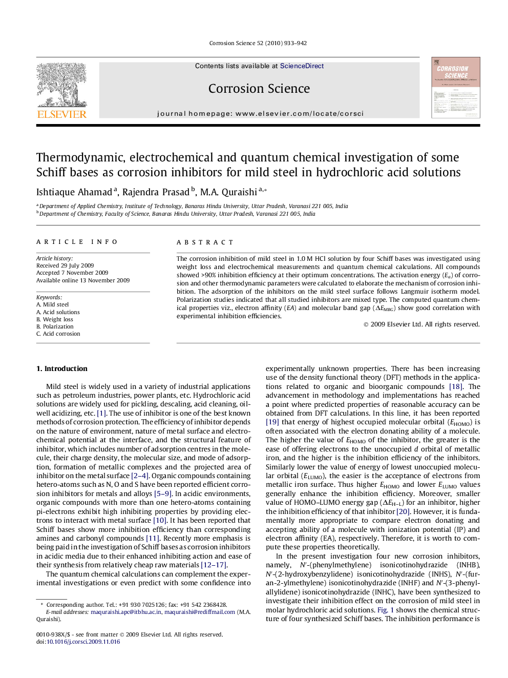 Thermodynamic, electrochemical and quantum chemical investigation of some Schiff bases as corrosion inhibitors for mild steel in hydrochloric acid solutions