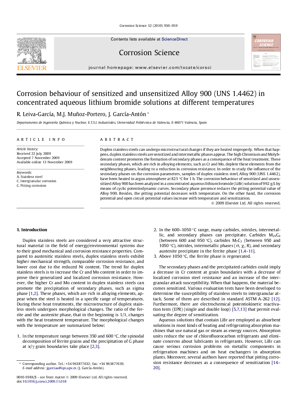 Corrosion behaviour of sensitized and unsensitized Alloy 900 (UNS 1.4462) in concentrated aqueous lithium bromide solutions at different temperatures