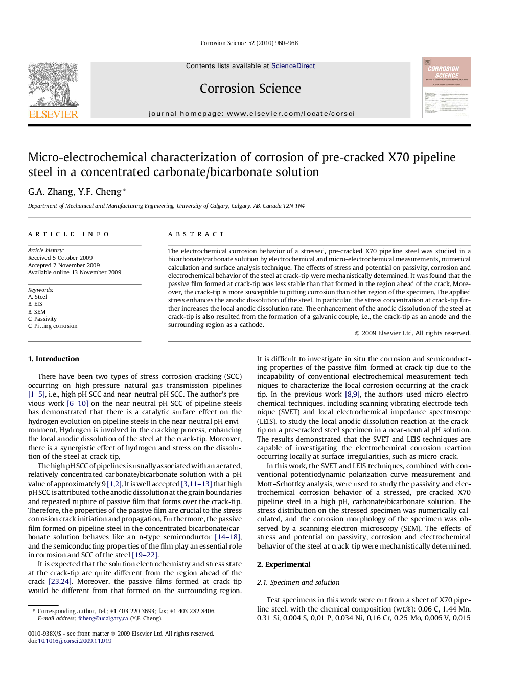 Micro-electrochemical characterization of corrosion of pre-cracked X70 pipeline steel in a concentrated carbonate/bicarbonate solution