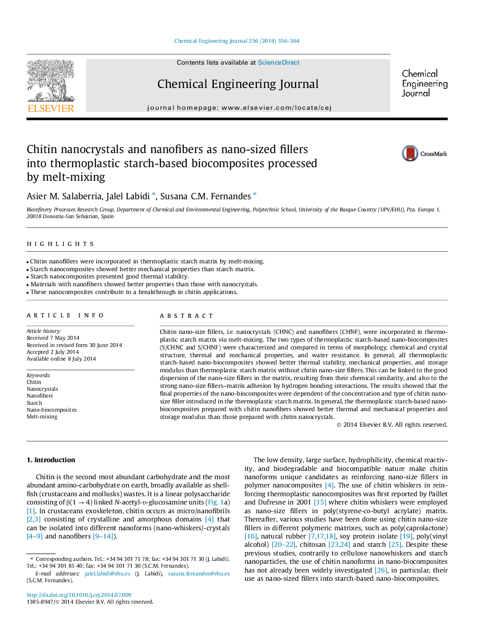 Chitin nanocrystals and nanofibers as nano-sized fillers into thermoplastic starch-based biocomposites processed by melt-mixing