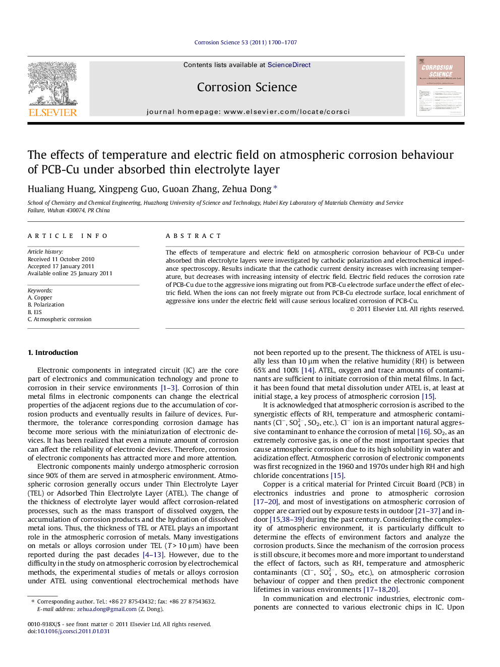 The effects of temperature and electric field on atmospheric corrosion behaviour of PCB-Cu under absorbed thin electrolyte layer