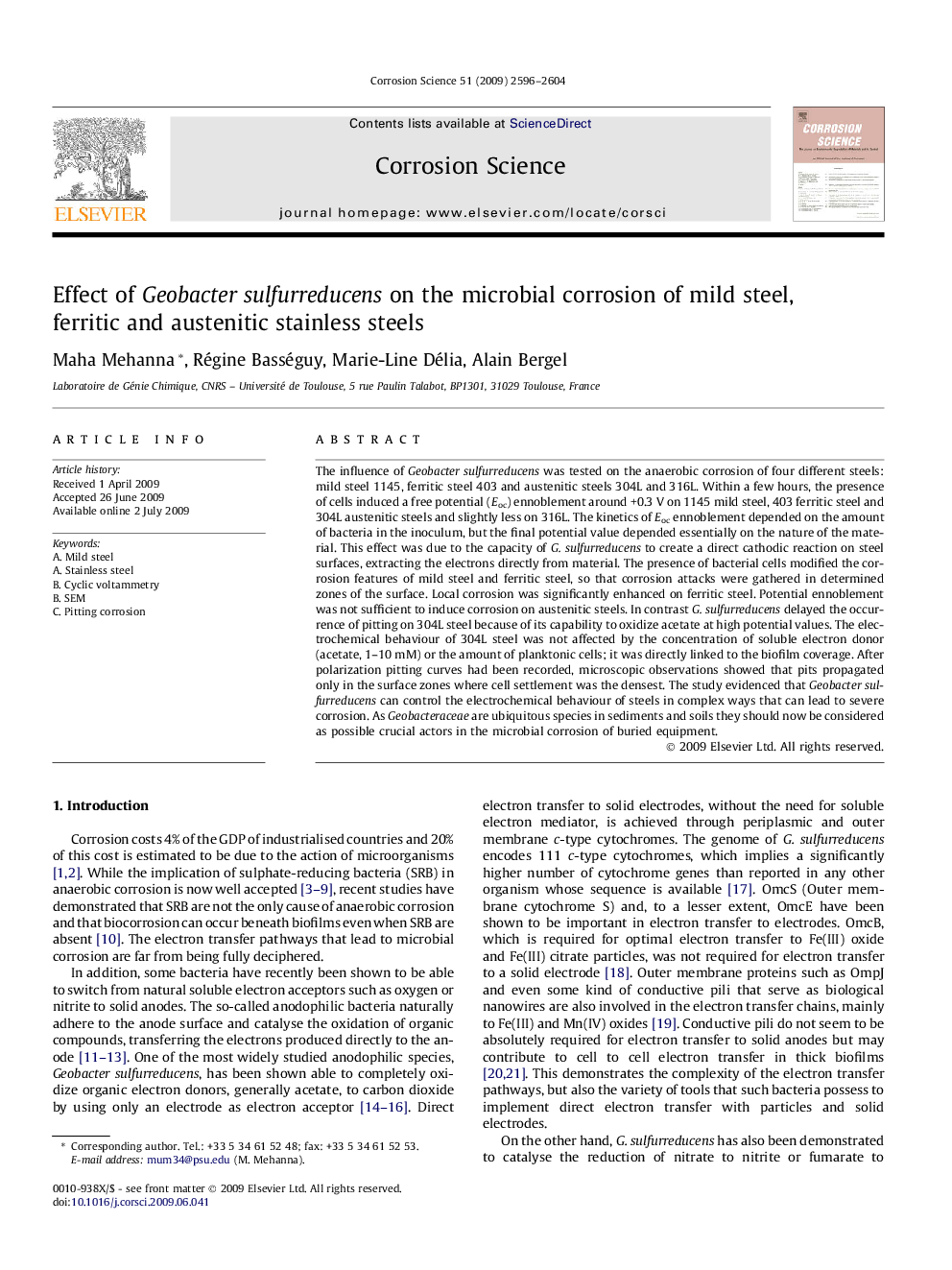 Effect of Geobacter sulfurreducens on the microbial corrosion of mild steel, ferritic and austenitic stainless steels