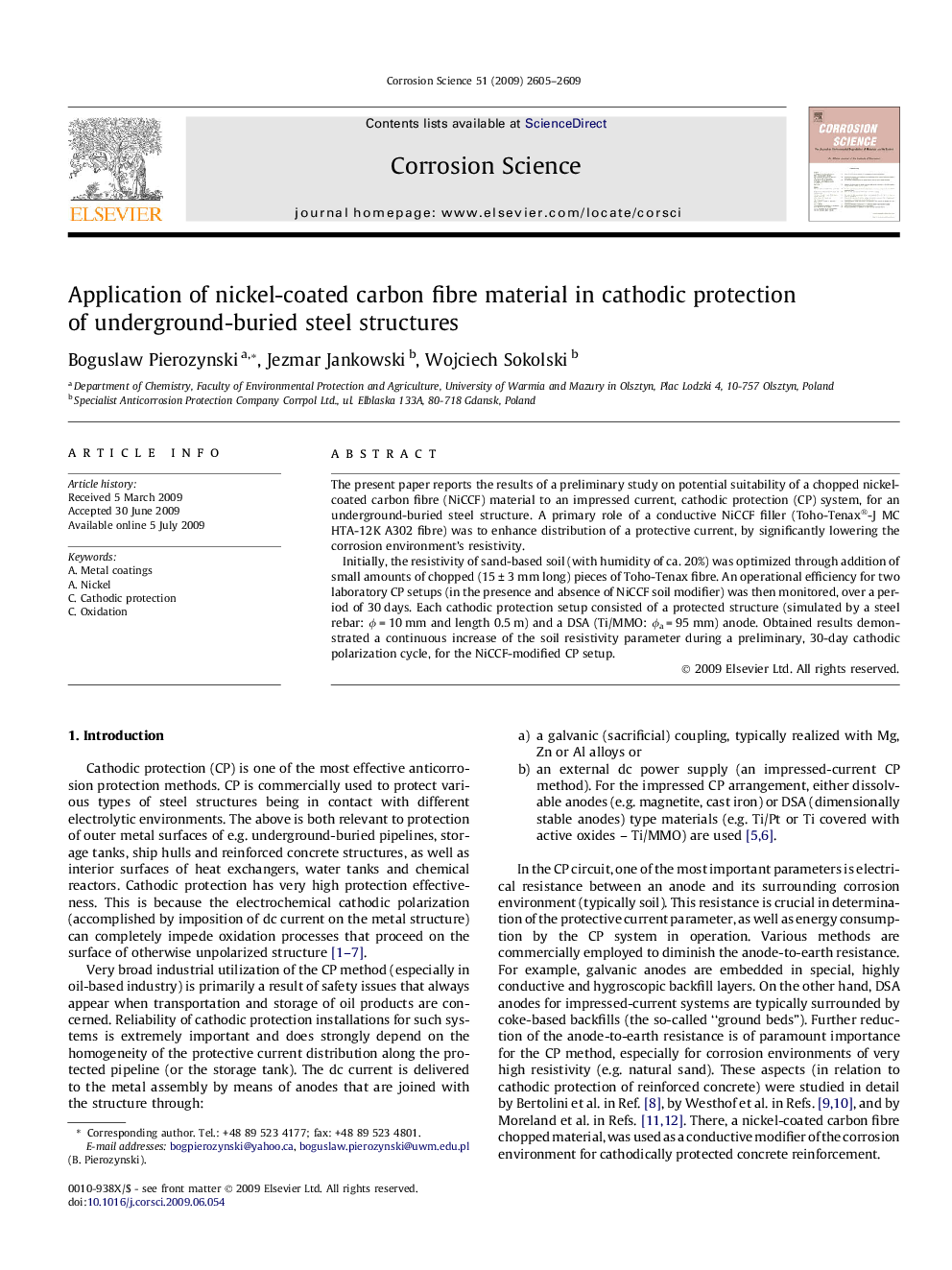 Application of nickel-coated carbon fibre material in cathodic protection of underground-buried steel structures