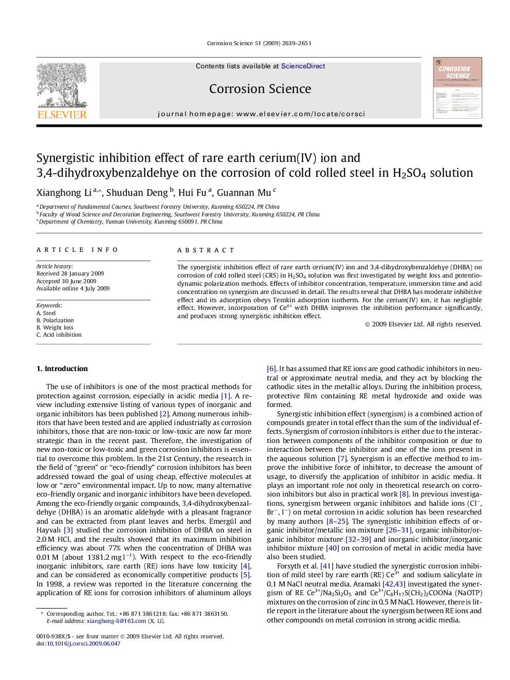 Synergistic inhibition effect of rare earth cerium(IV) ion and 3,4-dihydroxybenzaldehye on the corrosion of cold rolled steel in H2SO4 solution