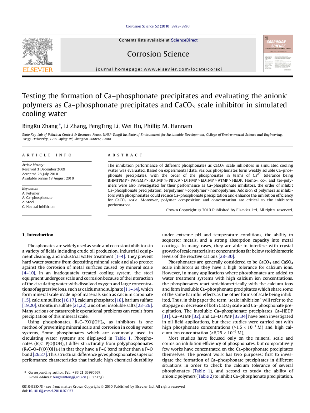 Testing the formation of Ca–phosphonate precipitates and evaluating the anionic polymers as Ca–phosphonate precipitates and CaCO3 scale inhibitor in simulated cooling water