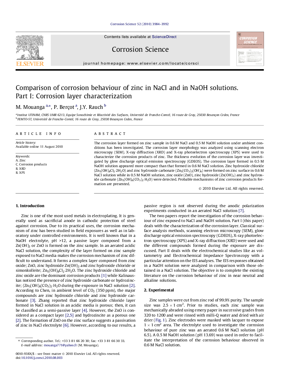 Comparison of corrosion behaviour of zinc in NaCl and in NaOH solutions. Part I: Corrosion layer characterization