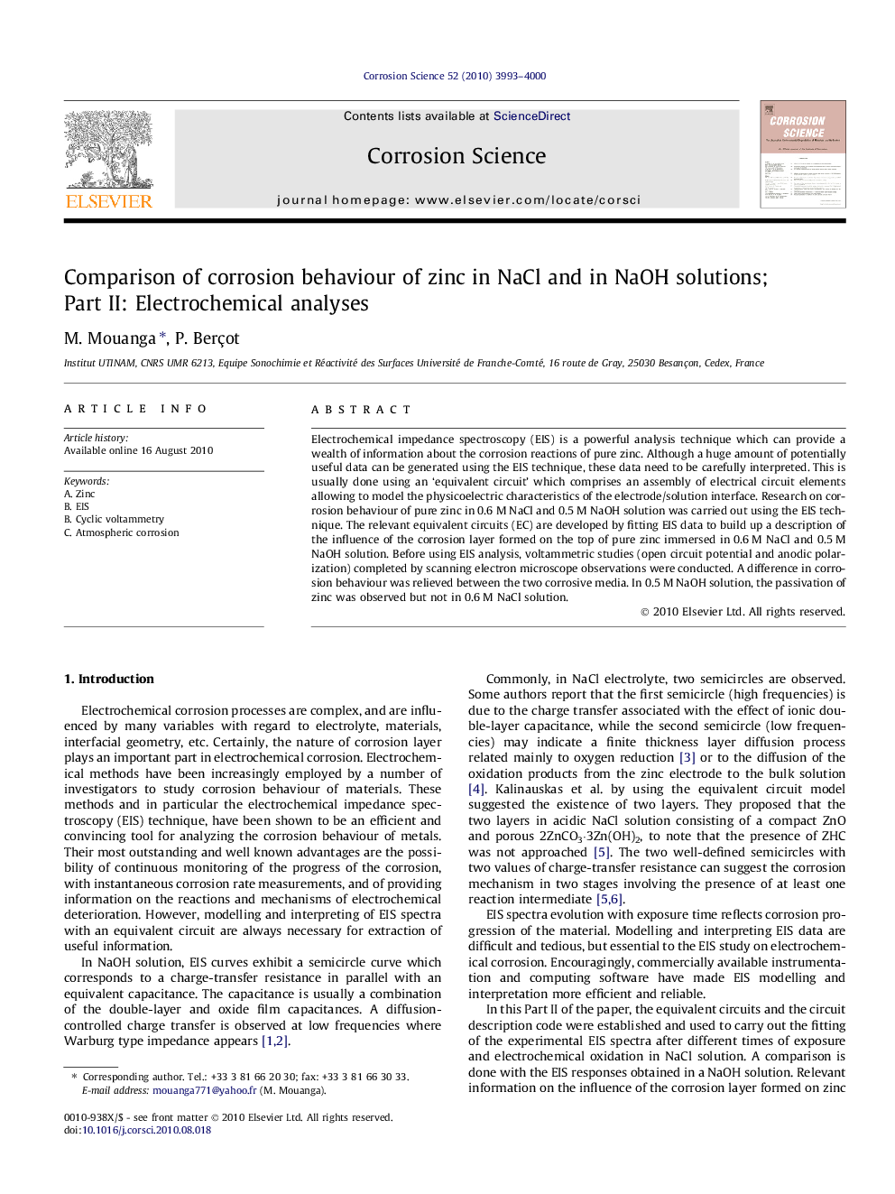 Comparison of corrosion behaviour of zinc in NaCl and in NaOH solutions; Part II: Electrochemical analyses