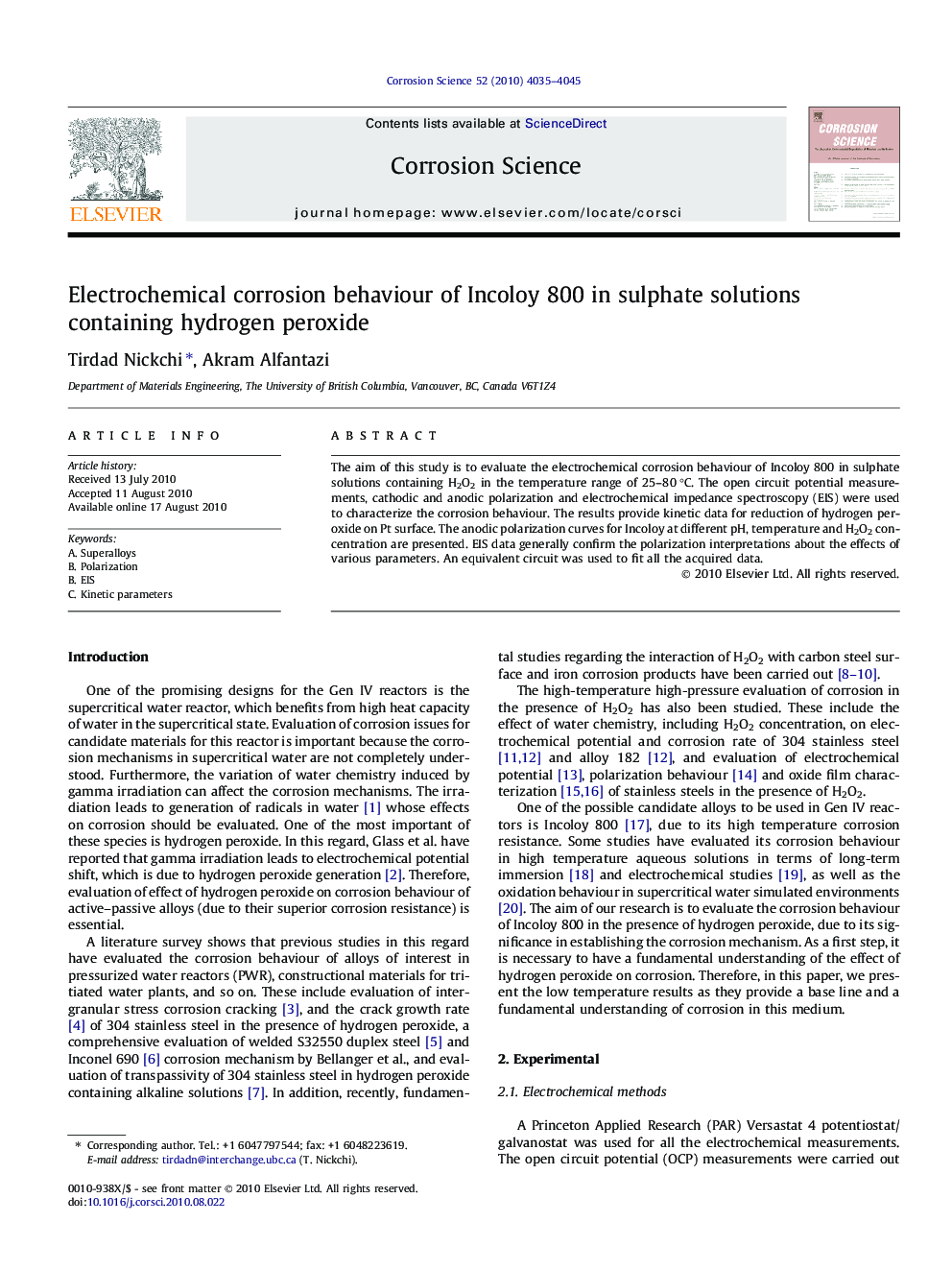 Electrochemical corrosion behaviour of Incoloy 800 in sulphate solutions containing hydrogen peroxide