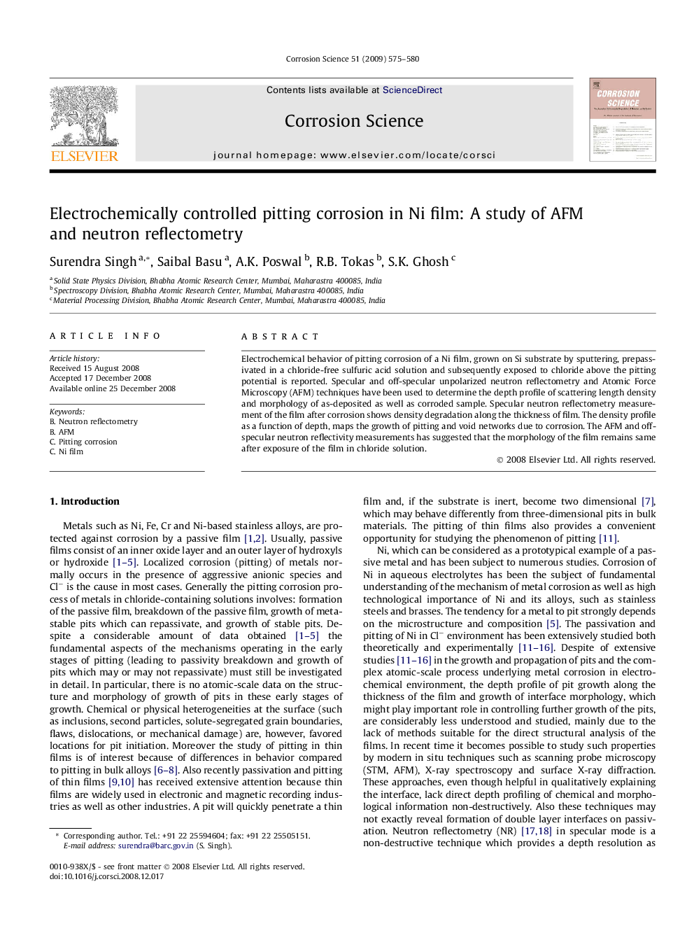 Electrochemically controlled pitting corrosion in Ni film: A study of AFM and neutron reflectometry