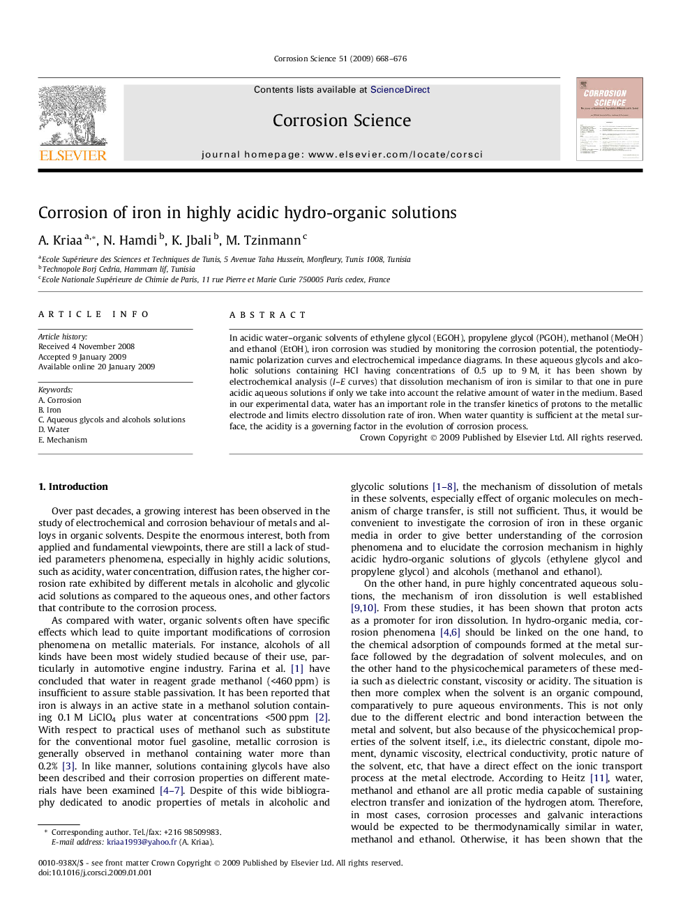 Corrosion of iron in highly acidic hydro-organic solutions