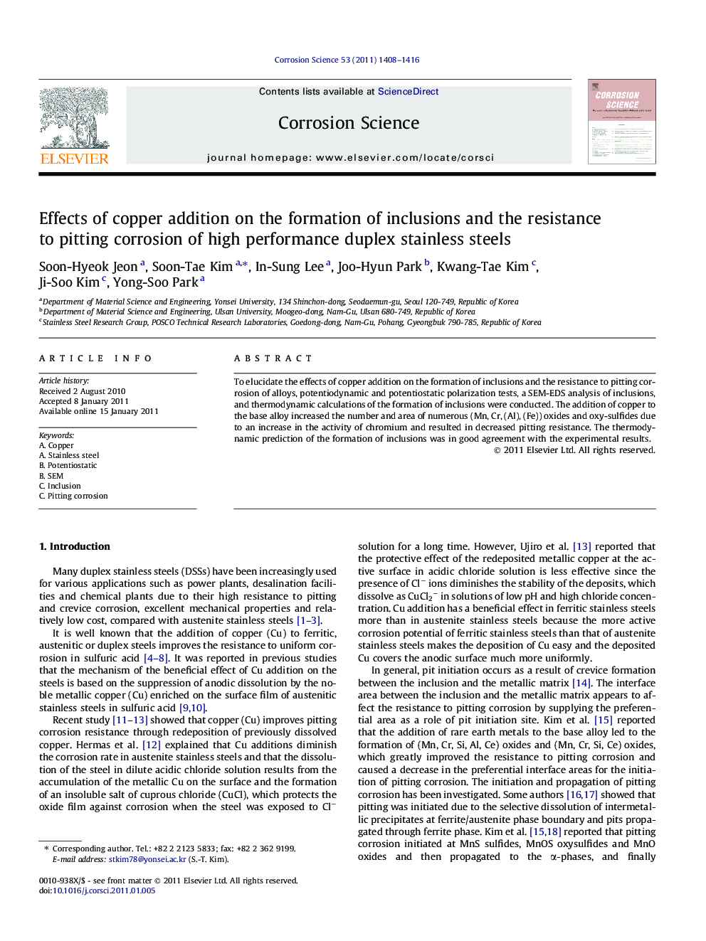 Effects of copper addition on the formation of inclusions and the resistance to pitting corrosion of high performance duplex stainless steels