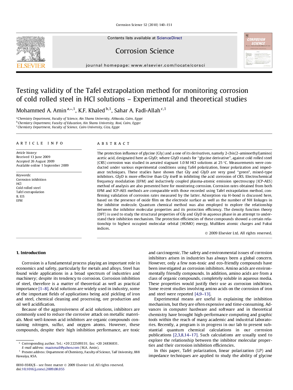 Testing validity of the Tafel extrapolation method for monitoring corrosion of cold rolled steel in HCl solutions – Experimental and theoretical studies