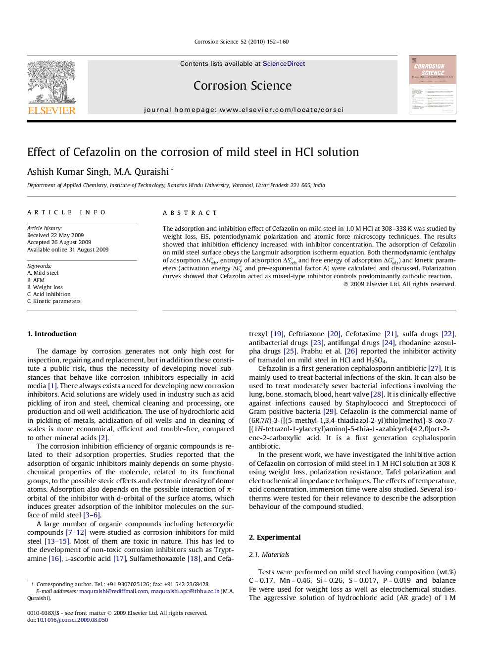 Effect of Cefazolin on the corrosion of mild steel in HCl solution