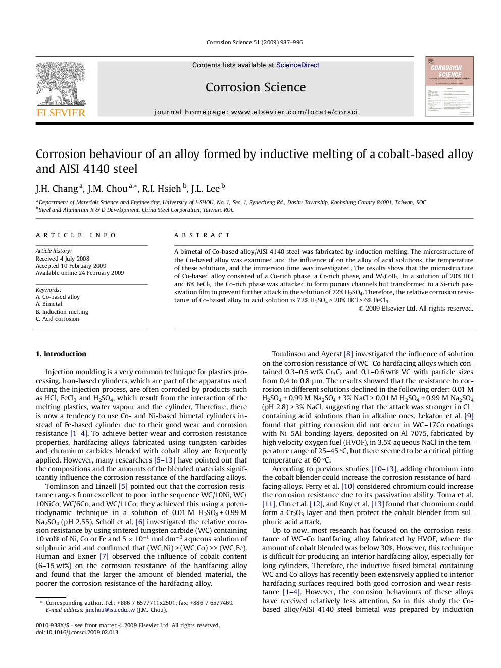 Corrosion behaviour of an alloy formed by inductive melting of a cobalt-based alloy and AISI 4140 steel