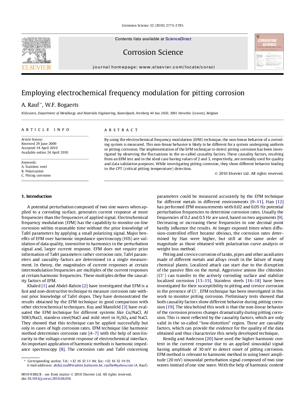 Employing electrochemical frequency modulation for pitting corrosion