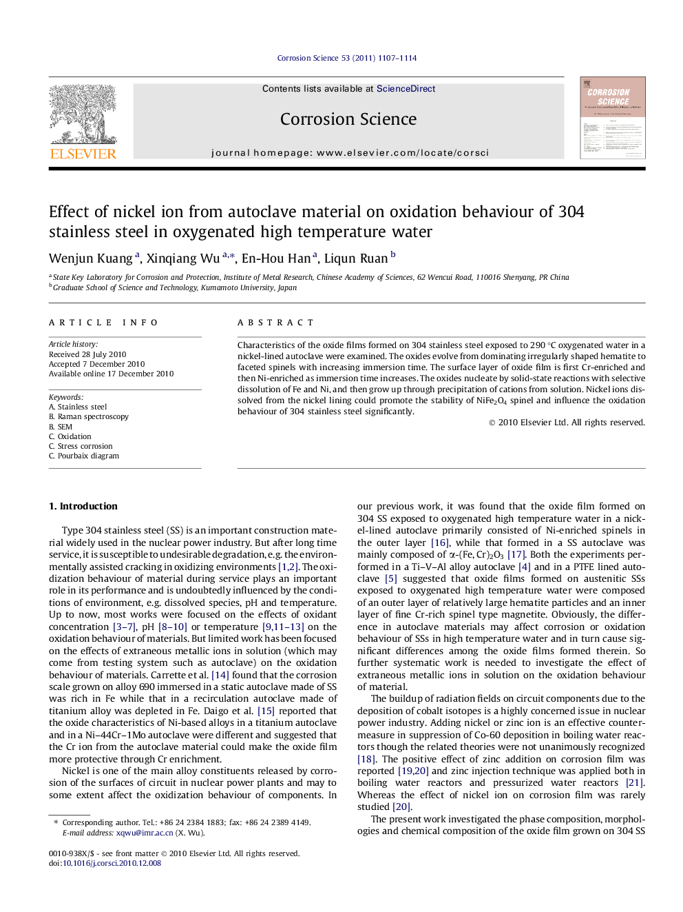 Effect of nickel ion from autoclave material on oxidation behaviour of 304 stainless steel in oxygenated high temperature water