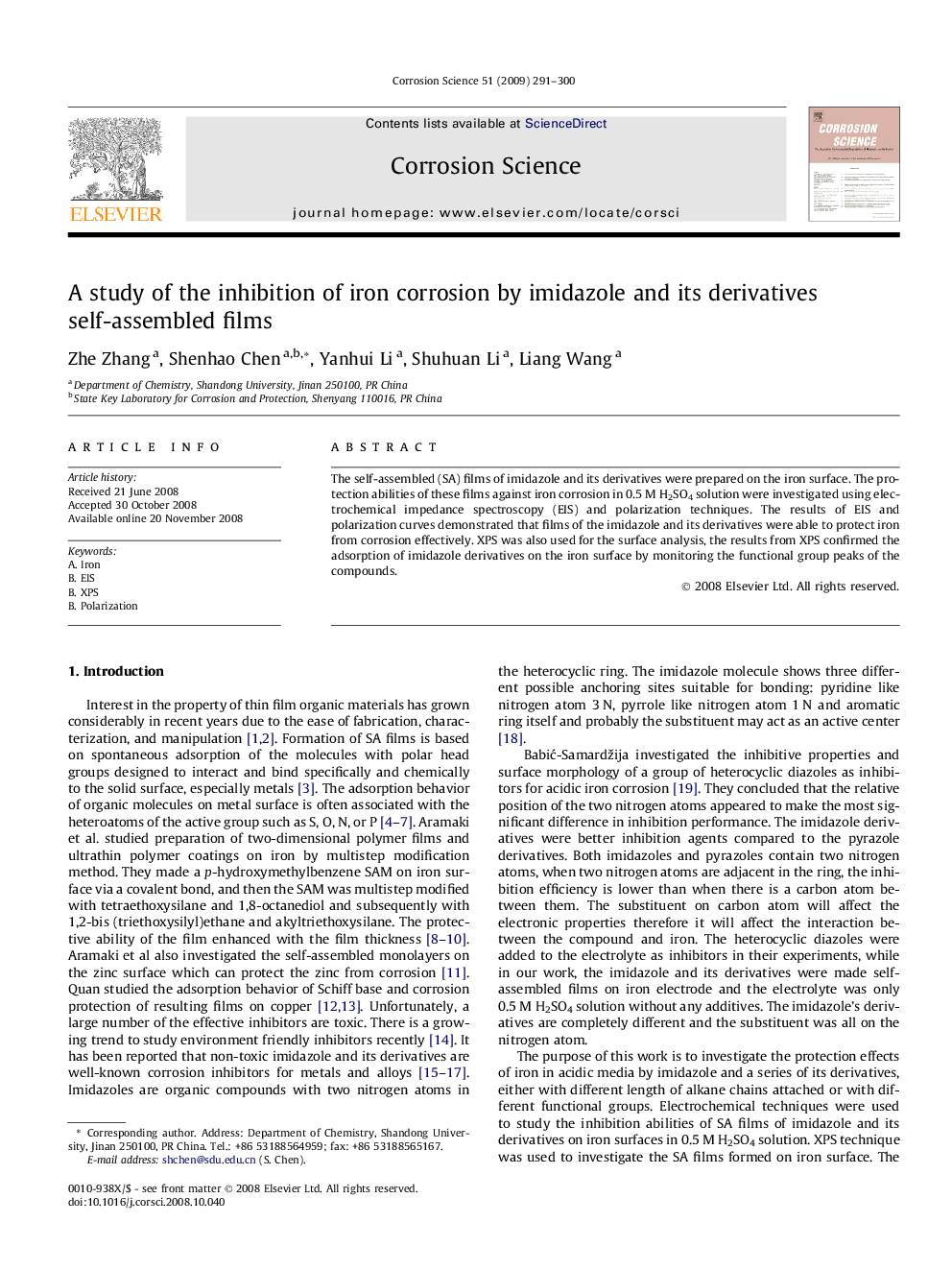 A study of the inhibition of iron corrosion by imidazole and its derivatives self-assembled films