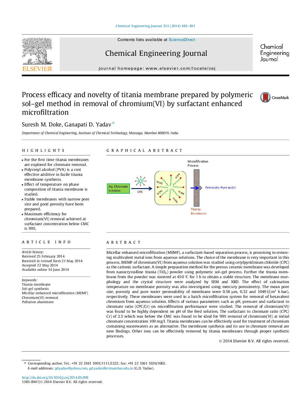 Process efficacy and novelty of titania membrane prepared by polymeric sol–gel method in removal of chromium(VI) by surfactant enhanced microfiltration