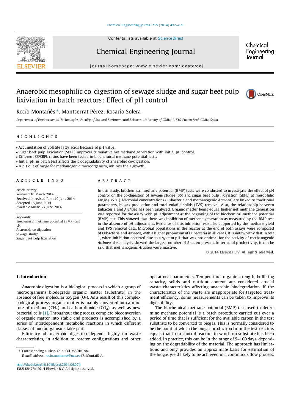 Anaerobic mesophilic co-digestion of sewage sludge and sugar beet pulp lixiviation in batch reactors: Effect of pH control