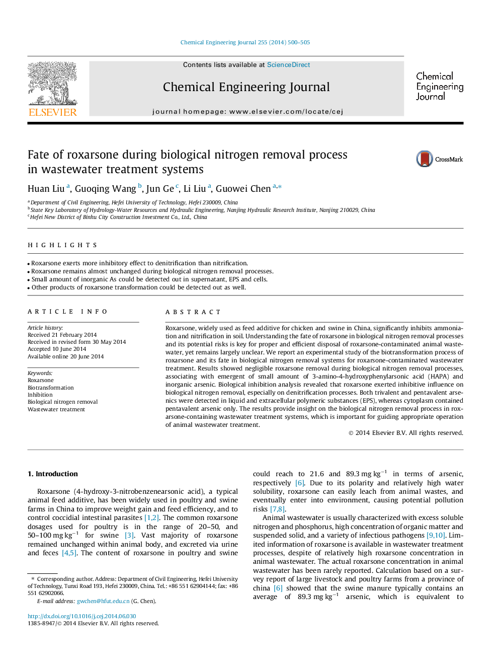 Fate of roxarsone during biological nitrogen removal process in wastewater treatment systems