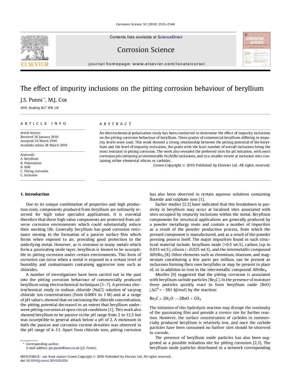 The effect of impurity inclusions on the pitting corrosion behaviour of beryllium