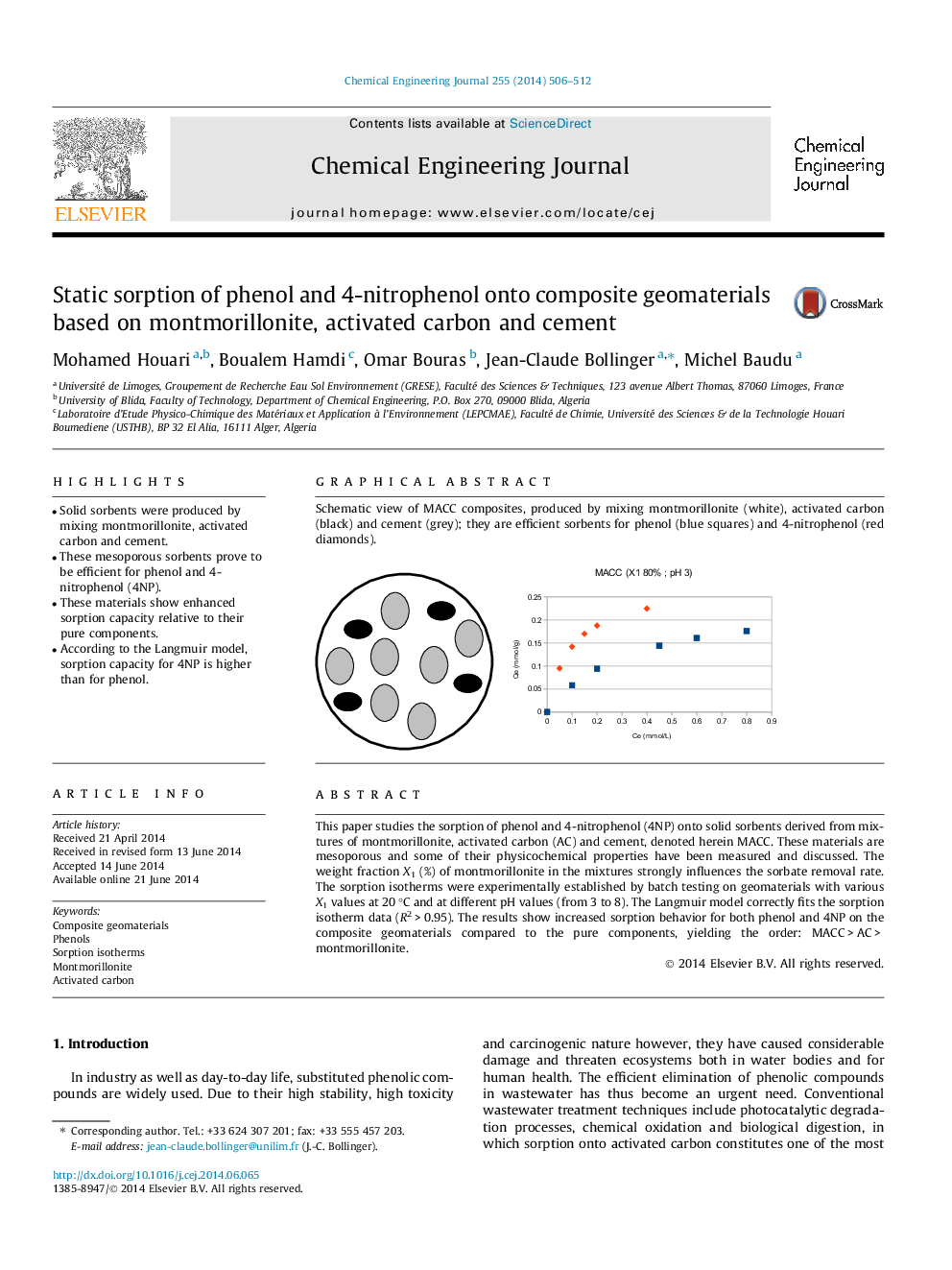 Static sorption of phenol and 4-nitrophenol onto composite geomaterials based on montmorillonite, activated carbon and cement