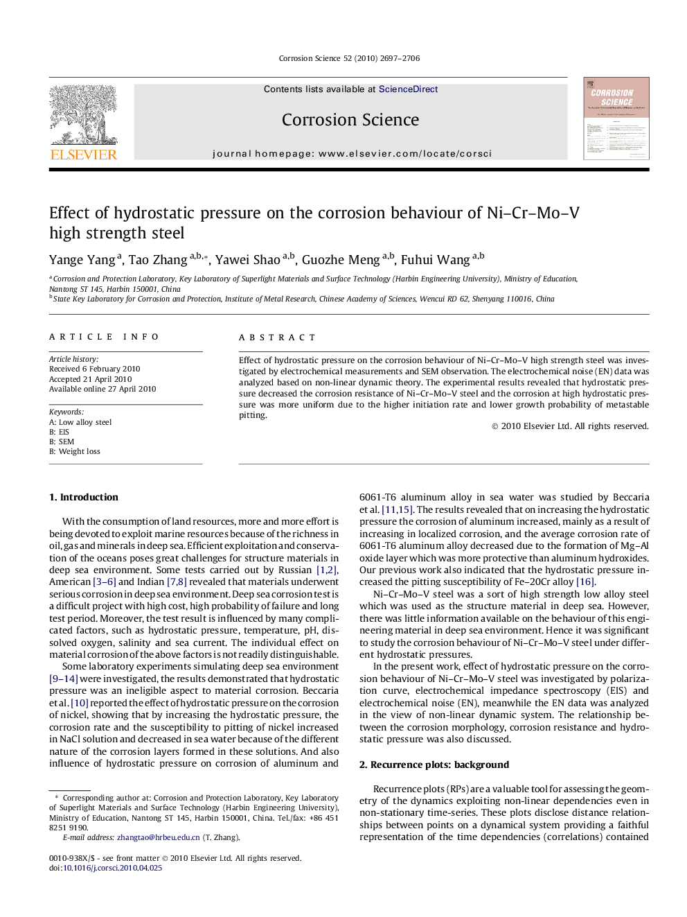 Effect of hydrostatic pressure on the corrosion behaviour of Ni–Cr–Mo–V high strength steel