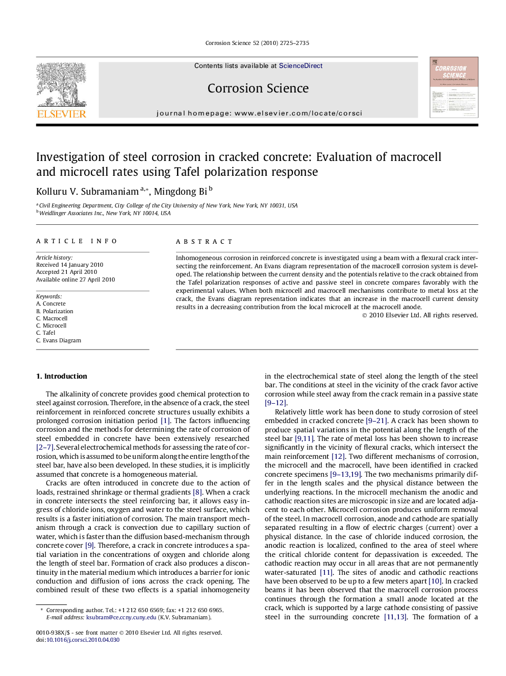 Investigation of steel corrosion in cracked concrete: Evaluation of macrocell and microcell rates using Tafel polarization response