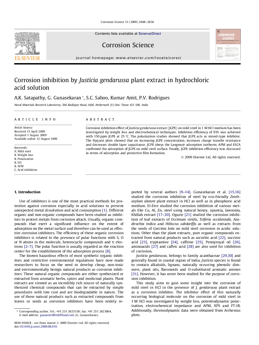 Corrosion inhibition by Justicia gendarussa plant extract in hydrochloric acid solution