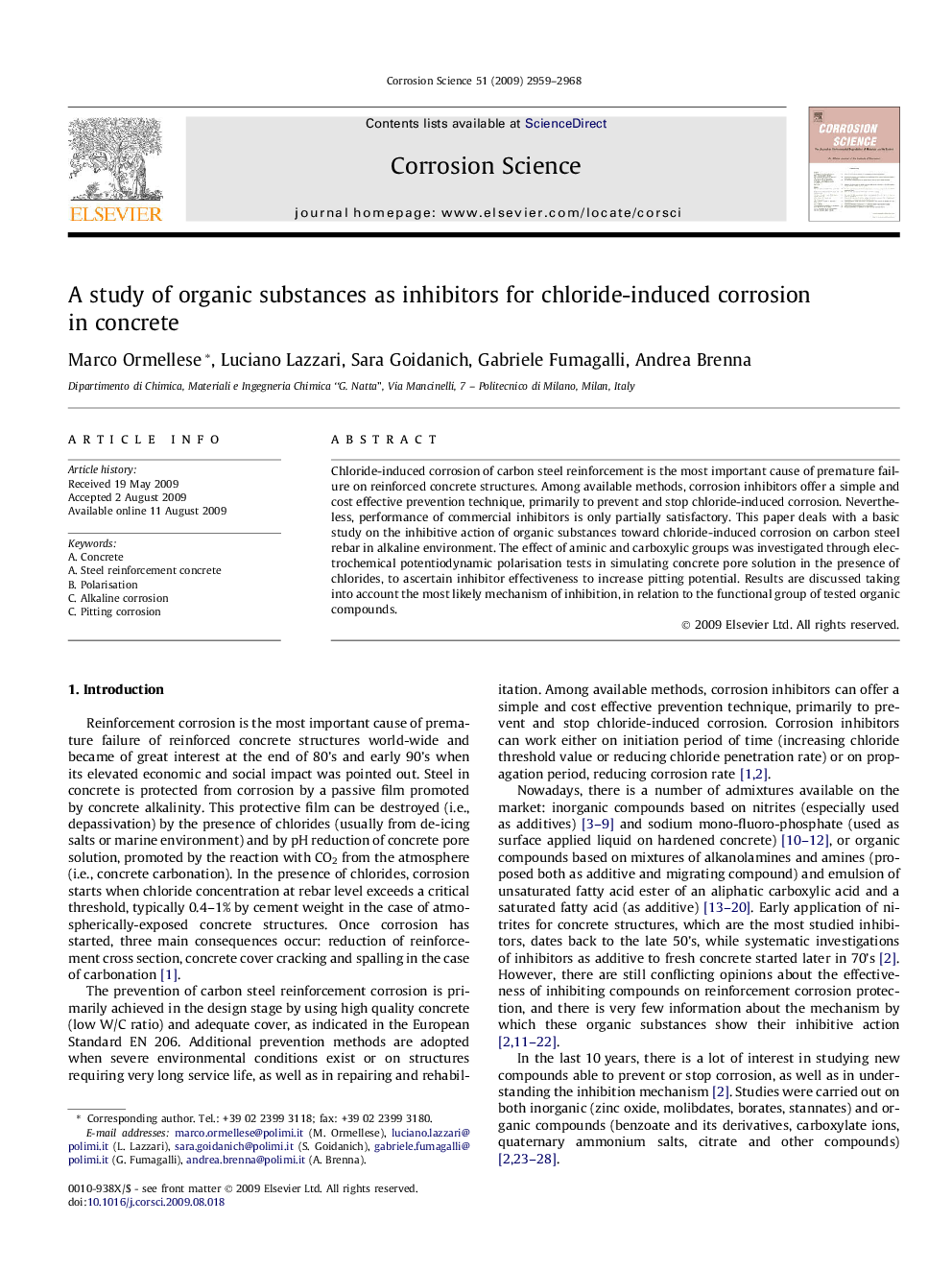 A study of organic substances as inhibitors for chloride-induced corrosion in concrete