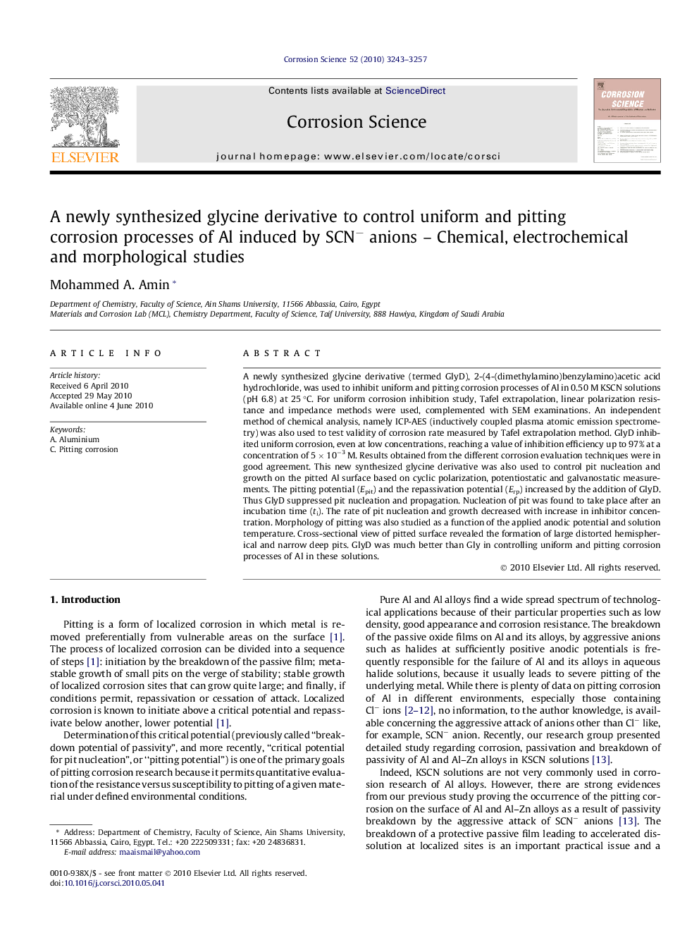 A newly synthesized glycine derivative to control uniform and pitting corrosion processes of Al induced by SCN− anions – Chemical, electrochemical and morphological studies