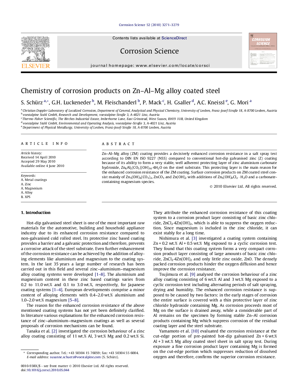 Chemistry of corrosion products on Zn–Al–Mg alloy coated steel