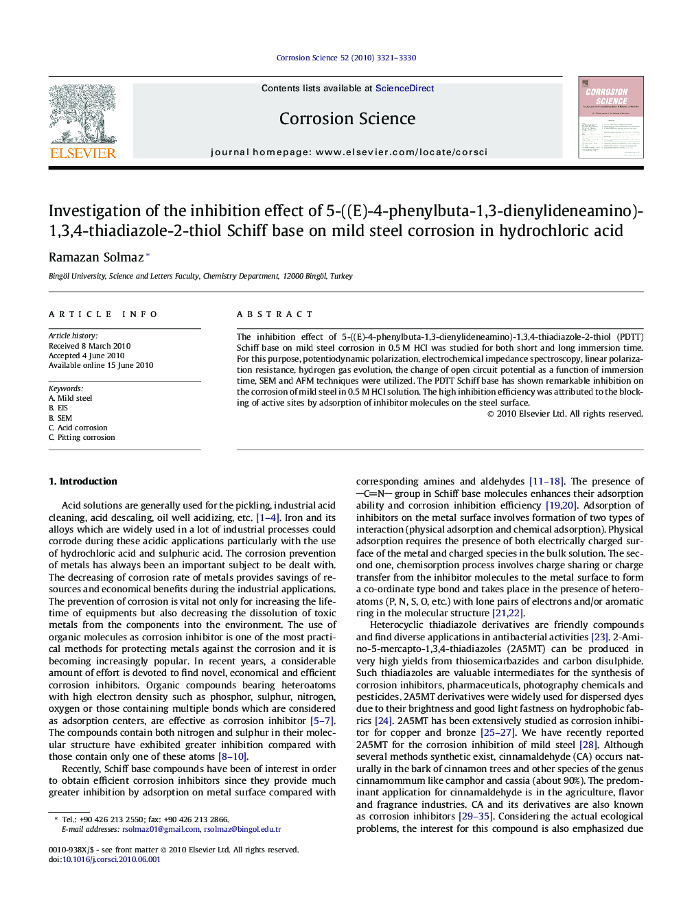 Investigation of the inhibition effect of 5-((E)-4-phenylbuta-1,3-dienylideneamino)-1,3,4-thiadiazole-2-thiol Schiff base on mild steel corrosion in hydrochloric acid