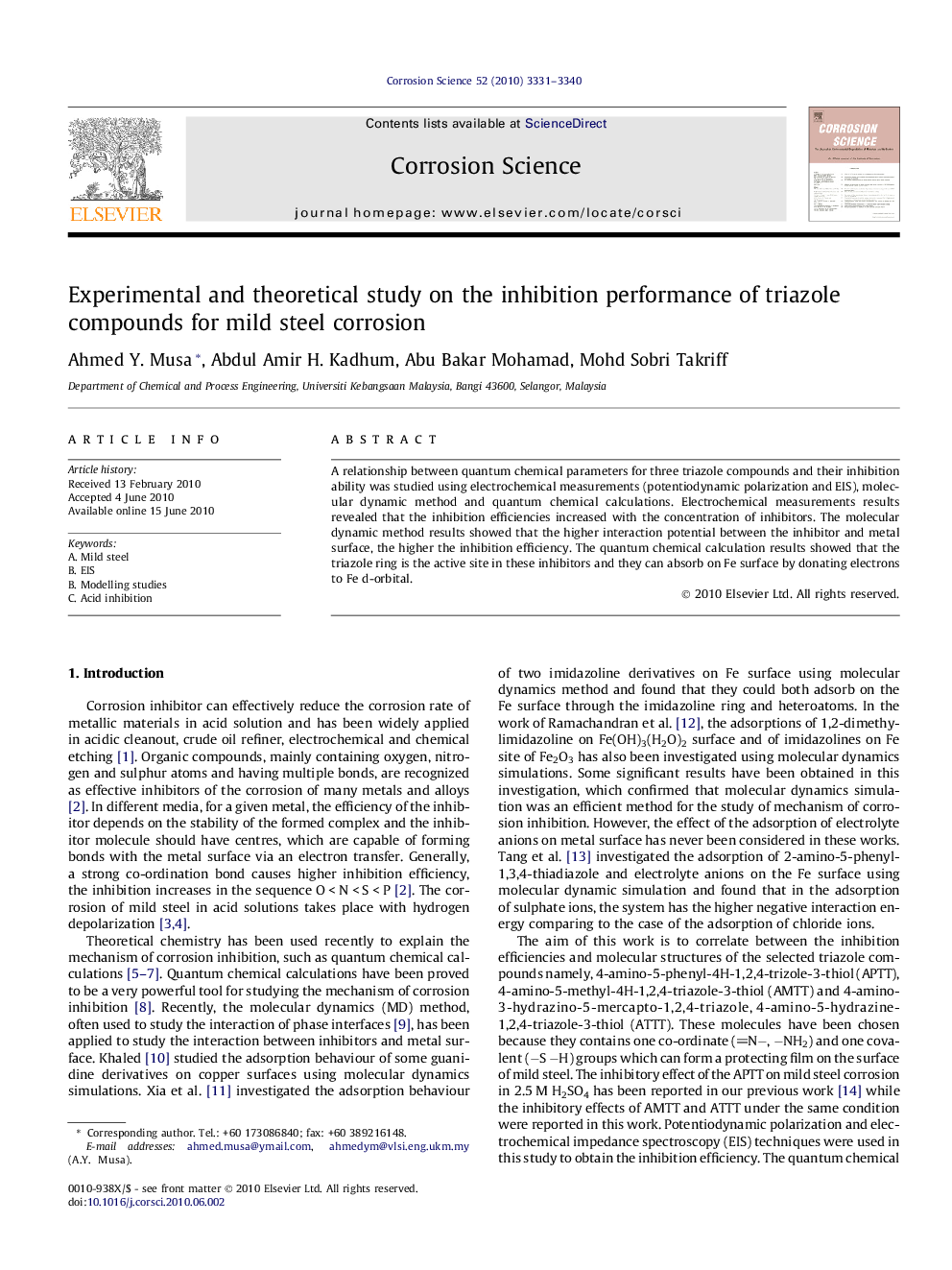 Experimental and theoretical study on the inhibition performance of triazole compounds for mild steel corrosion