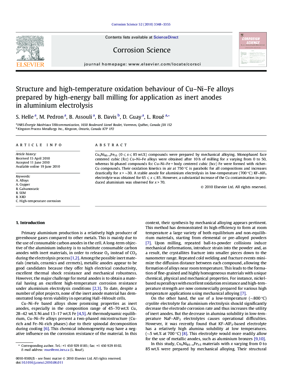 Structure and high-temperature oxidation behaviour of Cu–Ni–Fe alloys prepared by high-energy ball milling for application as inert anodes in aluminium electrolysis