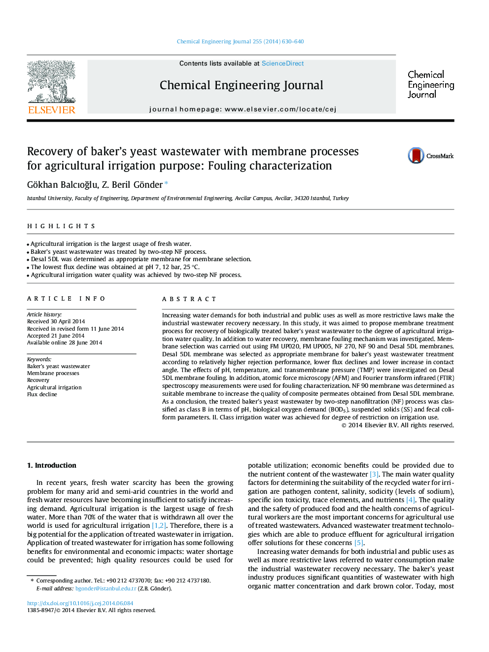 Recovery of baker’s yeast wastewater with membrane processes for agricultural irrigation purpose: Fouling characterization