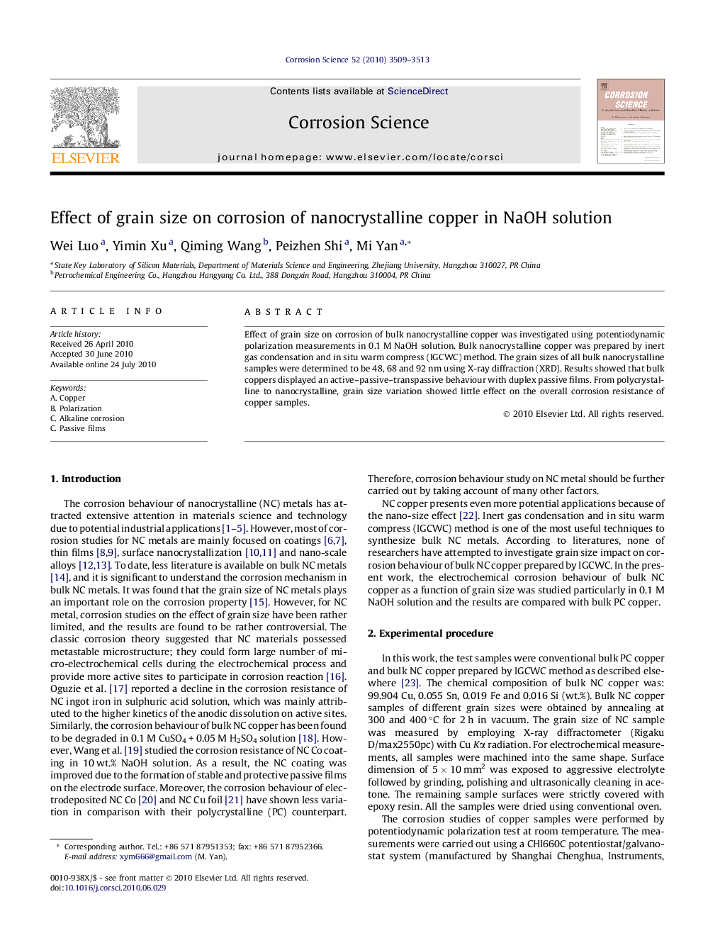 Effect of grain size on corrosion of nanocrystalline copper in NaOH solution