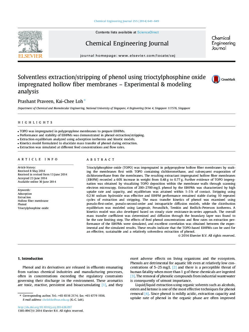 عکس صفحه اول مقاله: Solventless extraction/stripping of phenol using trioctylphosphine oxide impregnated hollow fiber membranes – Experimental & modeling analysis Solventless extraction/stripping of phenol using trioctylphosphine oxide impregnated hollow fiber membranes – Experimental & modeling analysis