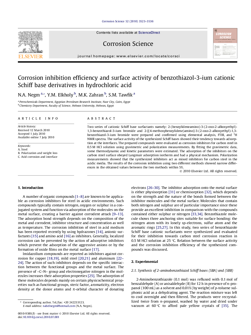 Corrosion inhibition efficiency and surface activity of benzothiazol-3-ium cationic Schiff base derivatives in hydrochloric acid