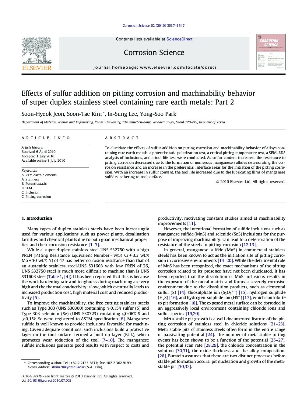 Effects of sulfur addition on pitting corrosion and machinability behavior of super duplex stainless steel containing rare earth metals: Part 2