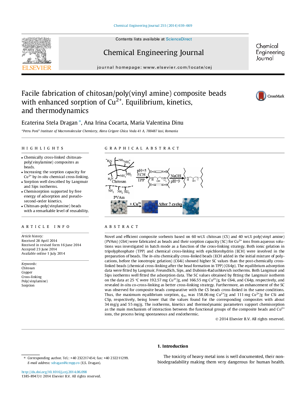 Facile fabrication of chitosan/poly(vinyl amine) composite beads with enhanced sorption of Cu2+. Equilibrium, kinetics, and thermodynamics