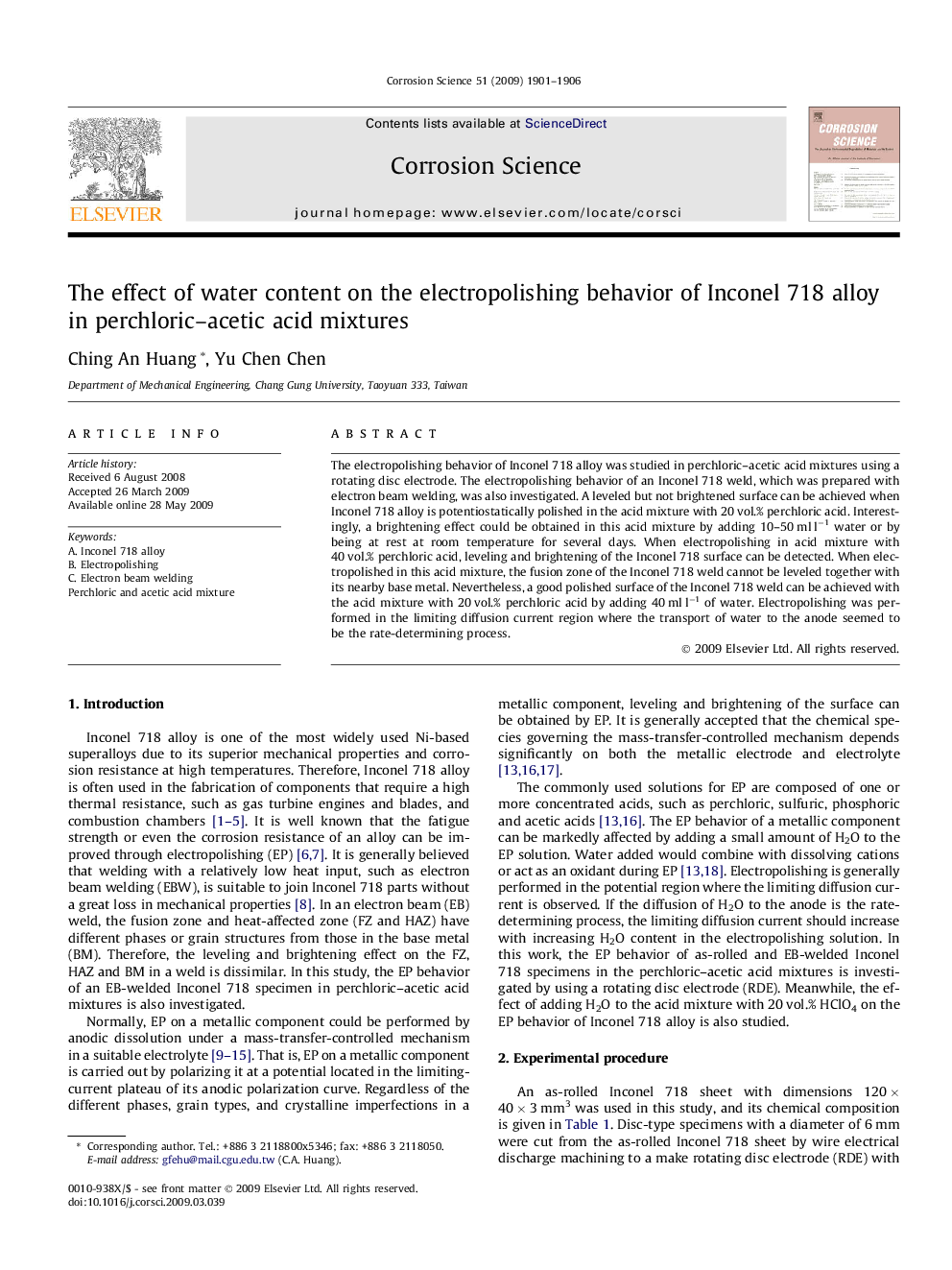 The effect of water content on the electropolishing behavior of Inconel 718 alloy in perchloric–acetic acid mixtures