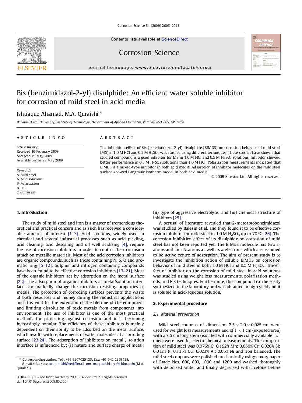 Bis (benzimidazol-2-yl) disulphide: An efficient water soluble inhibitor for corrosion of mild steel in acid media