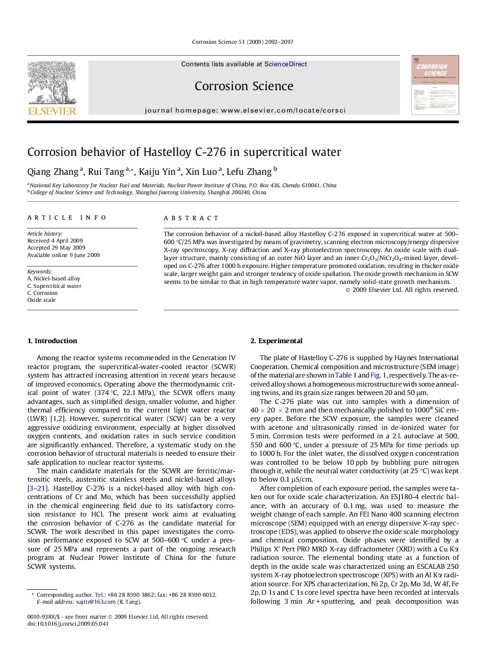 Corrosion behavior of Hastelloy C-276 in supercritical water