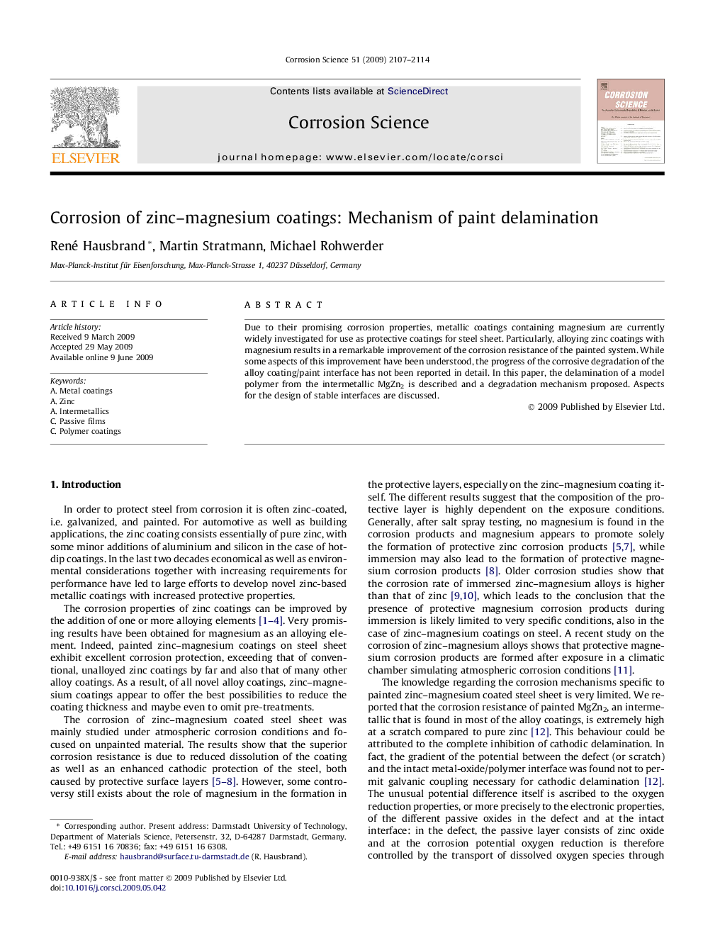 Corrosion of zinc–magnesium coatings: Mechanism of paint delamination