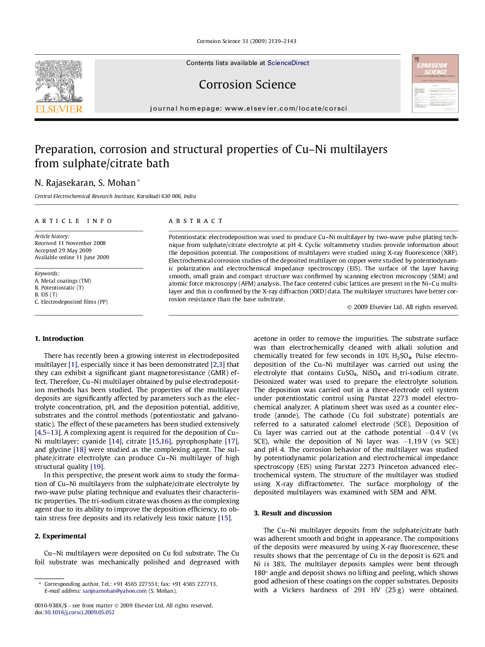 Preparation, corrosion and structural properties of Cu–Ni multilayers from sulphate/citrate bath