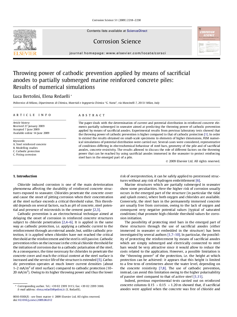 Throwing power of cathodic prevention applied by means of sacrificial anodes to partially submerged marine reinforced concrete piles: Results of numerical simulations