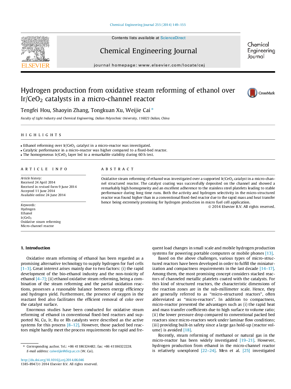 Hydrogen production from oxidative steam reforming of ethanol over Ir/CeO2 catalysts in a micro-channel reactor